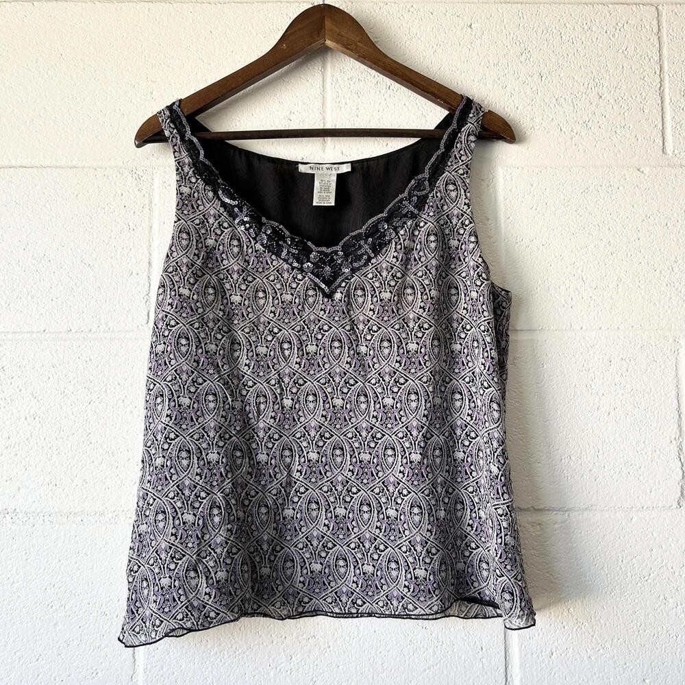 Nine West Purple Black Sheer Sequin Sleeveless Silk Blouse Women’s Large